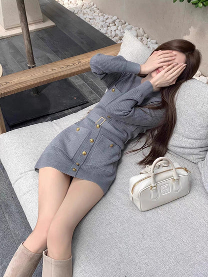 Thu. 江浙滬千金腰帶式金釦圓領針織連衣裙 灰