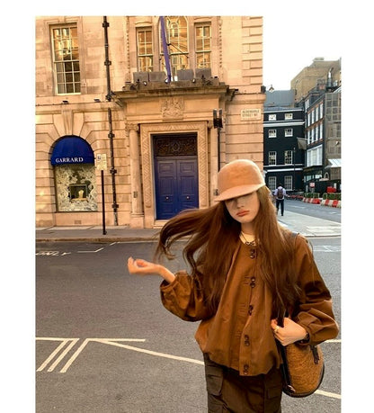 Thu. 明媚香港 復古花苞圓領夾克 咖