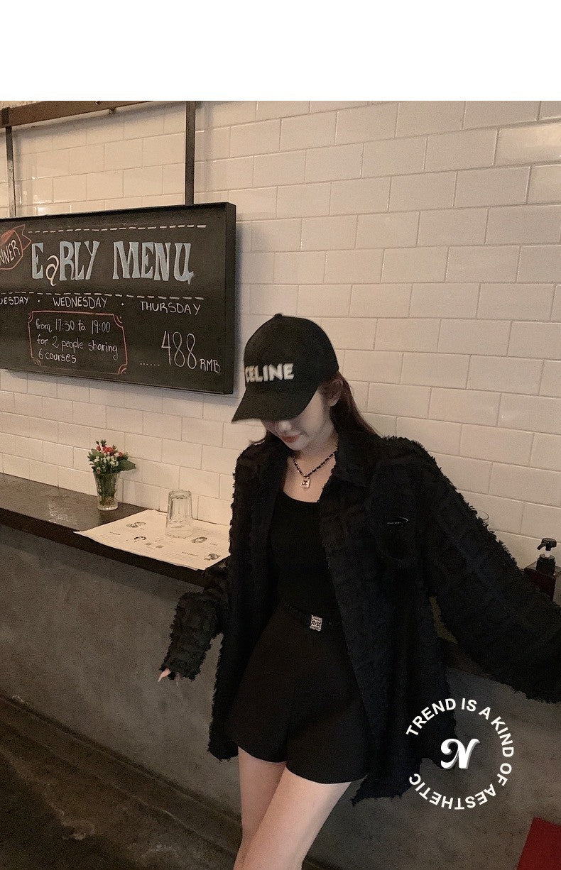 Tue. 小香粗呢鬚邊方格寬鬆襯衫 黑