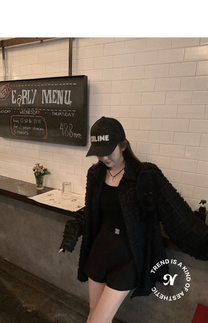 Tue. 小香粗呢鬚邊方格寬鬆襯衫 黑