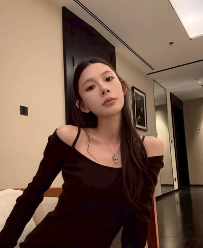 Mon. 新款修身顯瘦假兩件針織打底上衣4色 白/咖