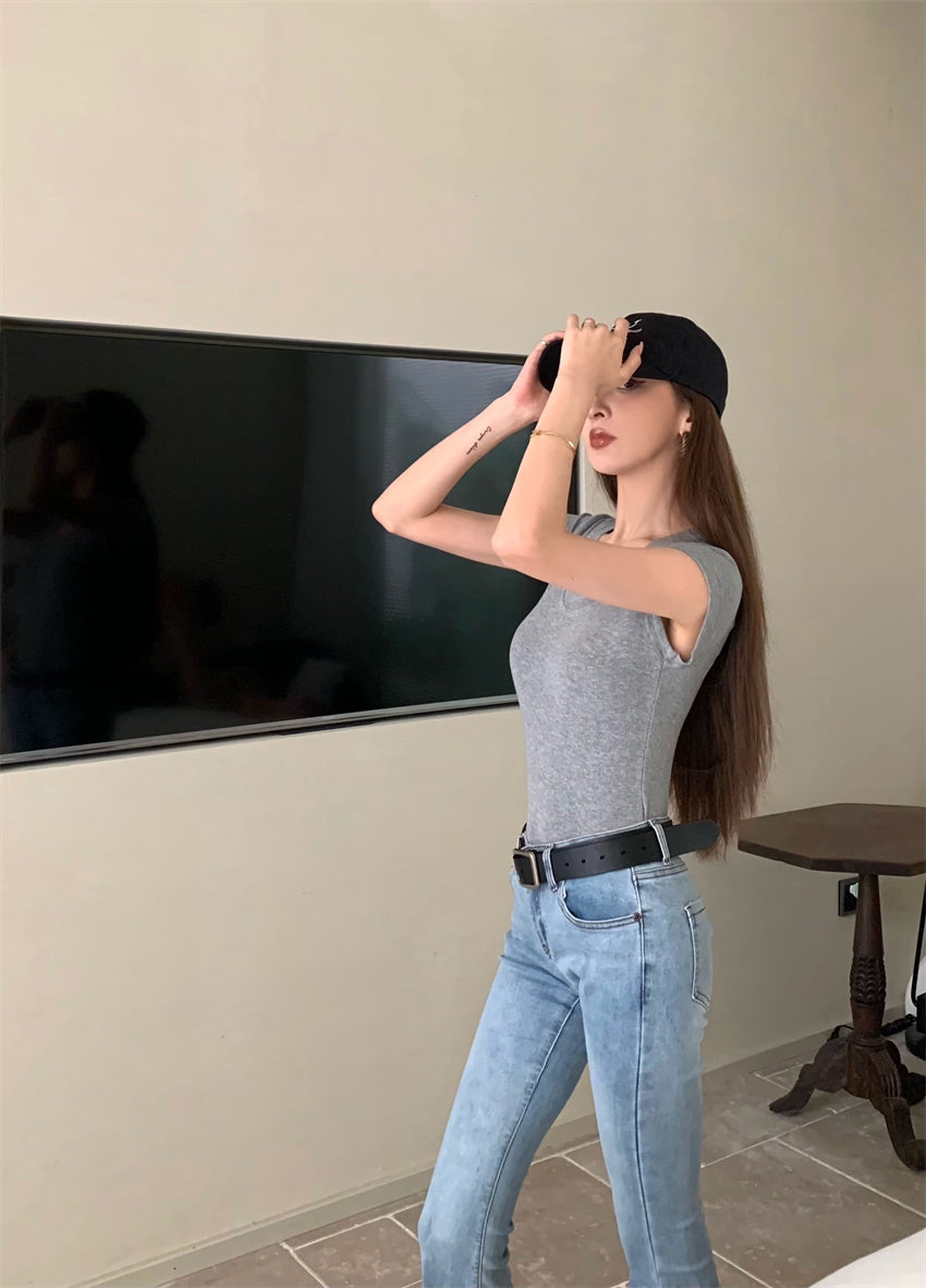 Mon. 美式正肩螺紋上衣 灰