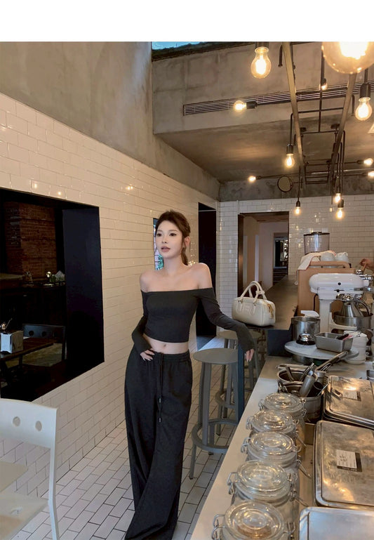 Tue. 韓女一字領顯瘦長袖上衣 鬆緊休閒褲 灰