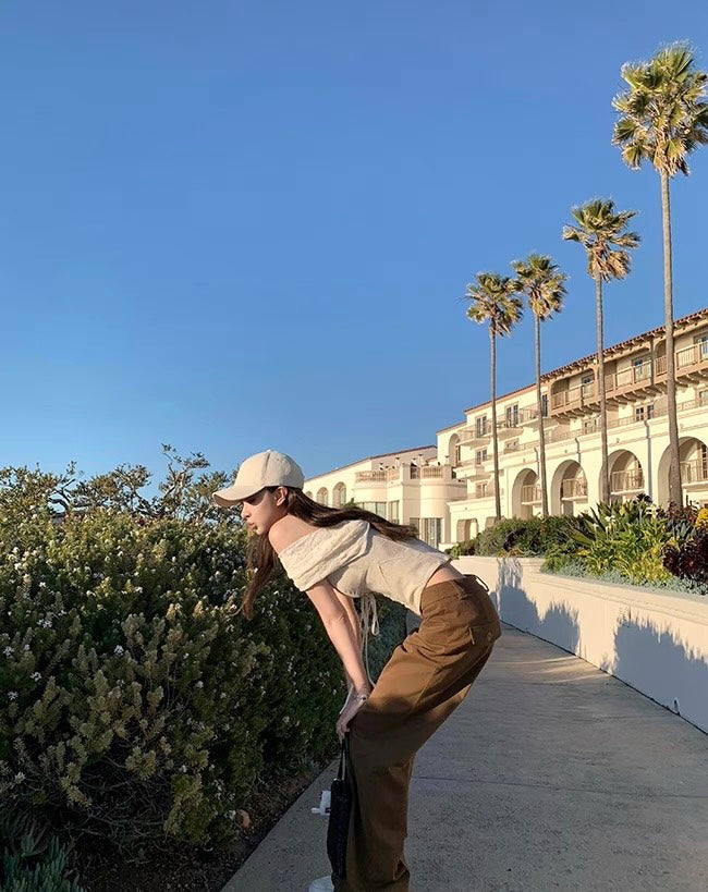 Mon. 百搭簡約美式直筒修身工裝褲 美式咖色