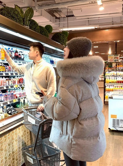 Thu. 安心90白鴨絨斜紋吐司毛毛連帽羽絨外套