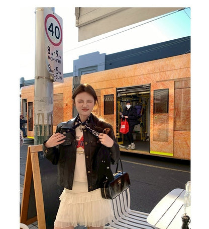 Thu. 黑皮手冊翻領中短款修身皮革外套