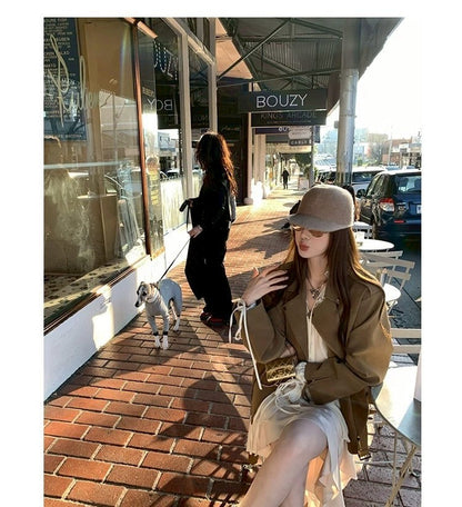 Thu. 博西雅重工時髦休閒皮衣夾克 卡其