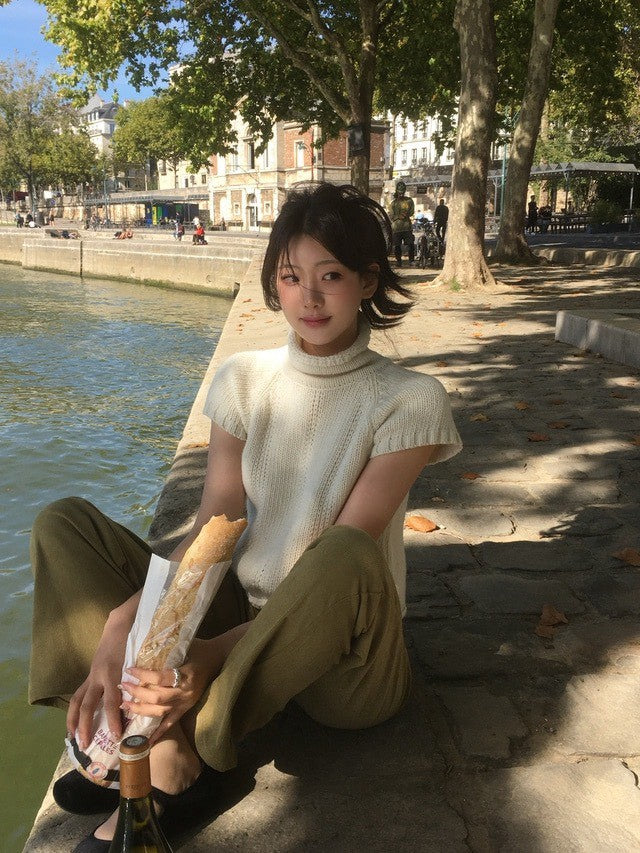 Tue. 韓女氣質高領短袖毛衣 米白/灰色