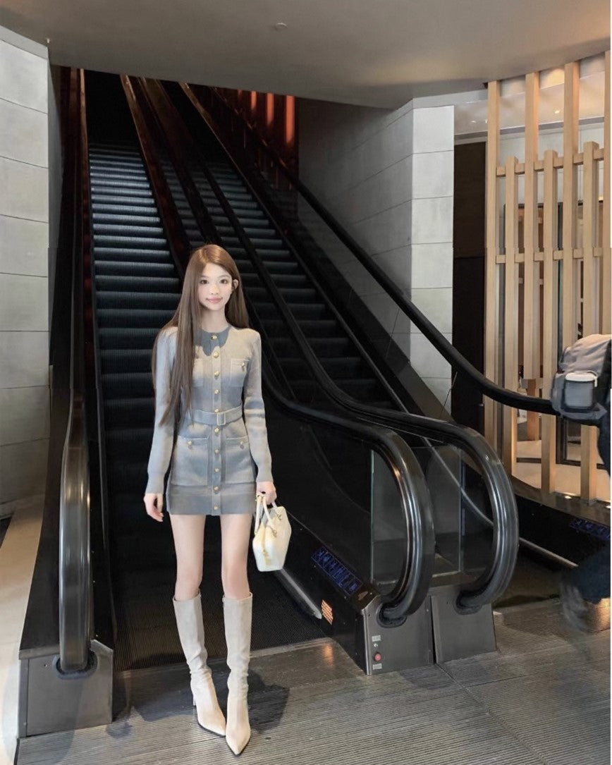 Thu. 江浙滬千金腰帶式金釦圓領針織連衣裙 灰