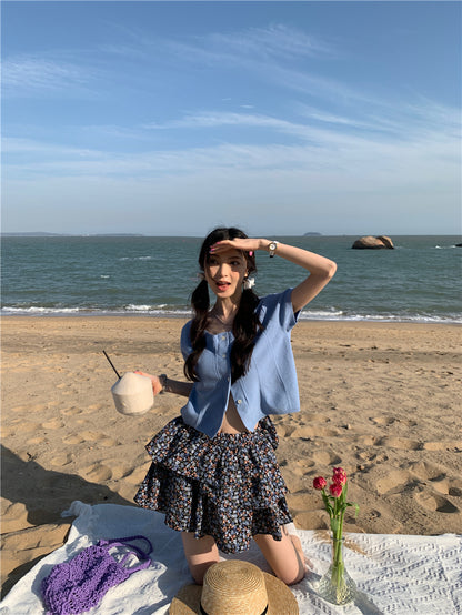 Thu. 方領針織鈕扣上衣 霧霾藍  蛋糕花裙