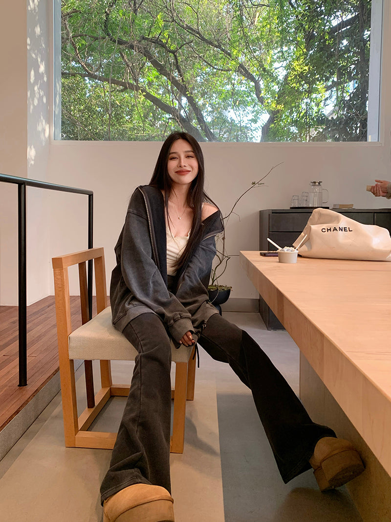 Sat. 休閒水洗灰連帽外套 微喇叭休閒褲