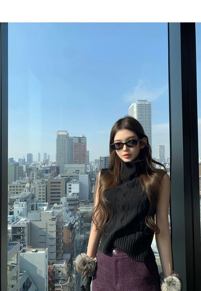 Tue. Oni小高領’’氣質麻花百搭針織背心 奶茶/黑