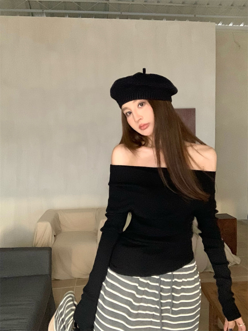 Wed. 慵懶氣質一字肩針織上衣 黑