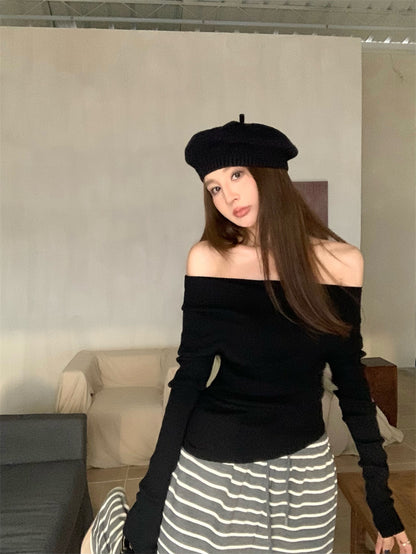 Wed. 慵懶氣質一字肩針織上衣 黑