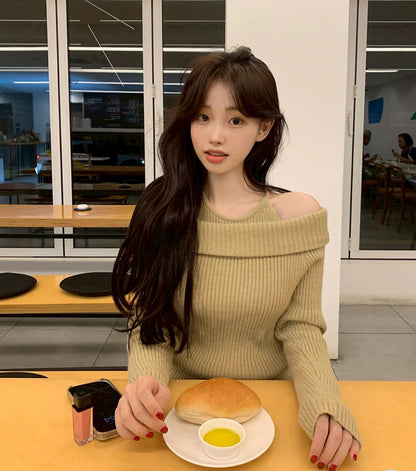 Mon. 純慾滿分 假兩件式露肩修身針織上衣 米/卡其