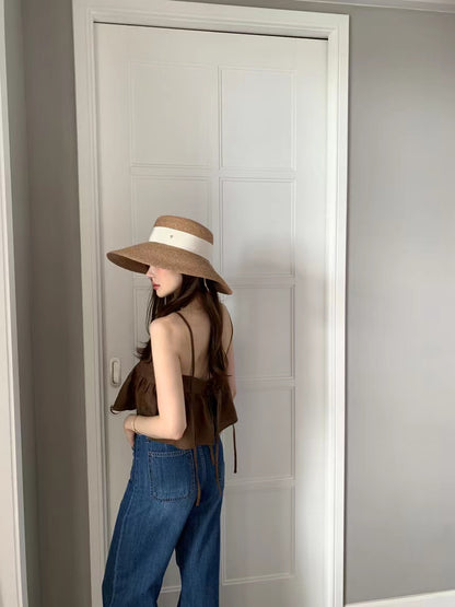 Wed. 後背綁帶美胸短版背心 白/咖