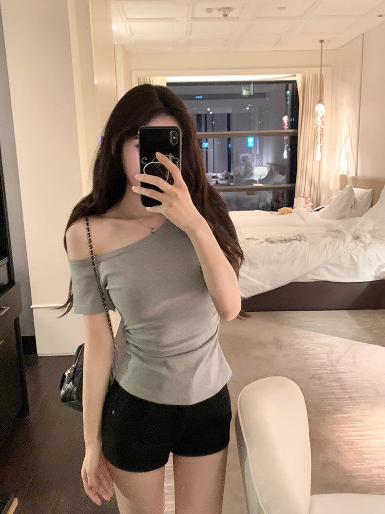 Fri. 斬女瘦瘦斜肩純色上衣 灰