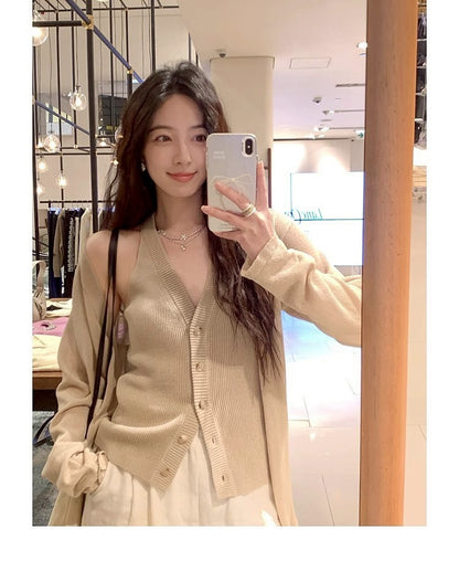 Thu. 自由領落仿天絲亞麻針織上衣2件套 砂杏