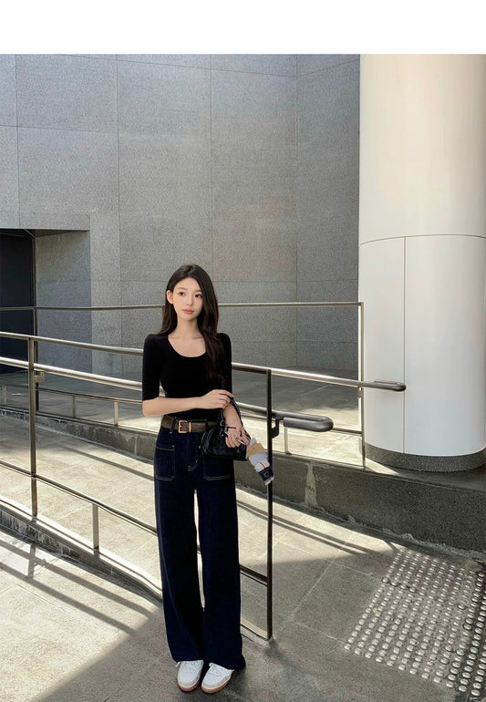 Thu. 超好搭韓女氣質五分袖U領上衣 黑