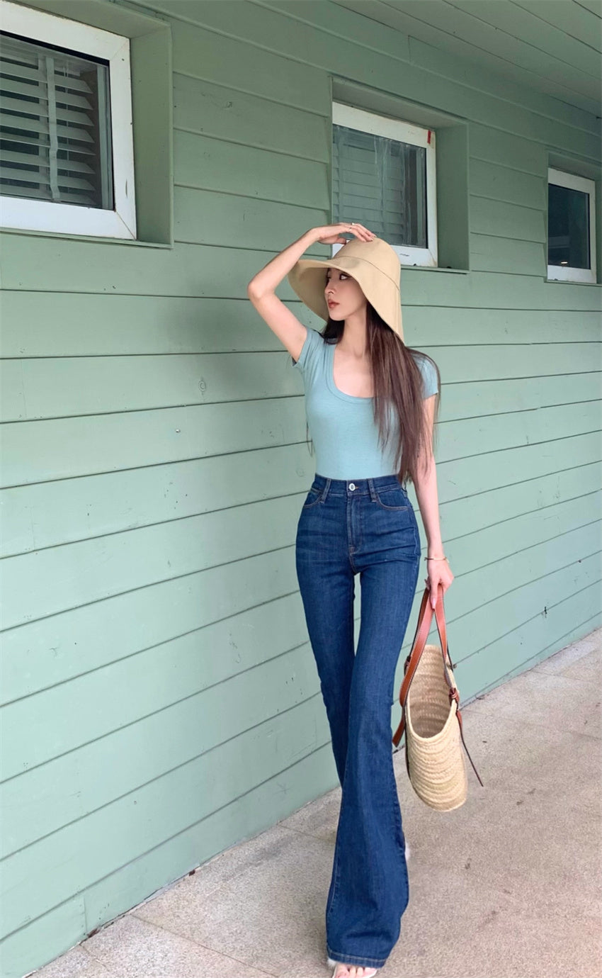 Mon. 復古顯瘦高腰喇叭褲 深藍