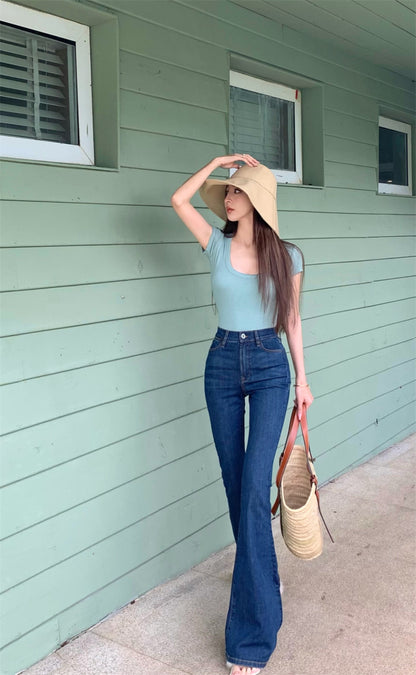 Mon. 復古顯瘦高腰喇叭褲 深藍