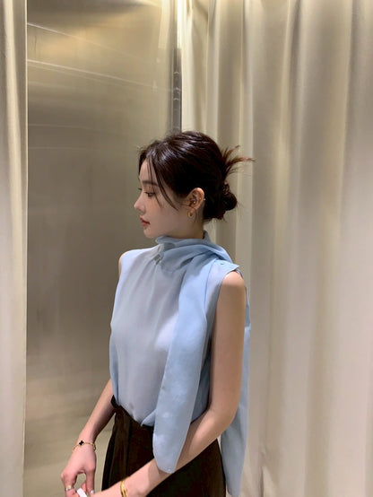 Thu. 法式飄帶鈕扣直肩設計背心 水藍/灰