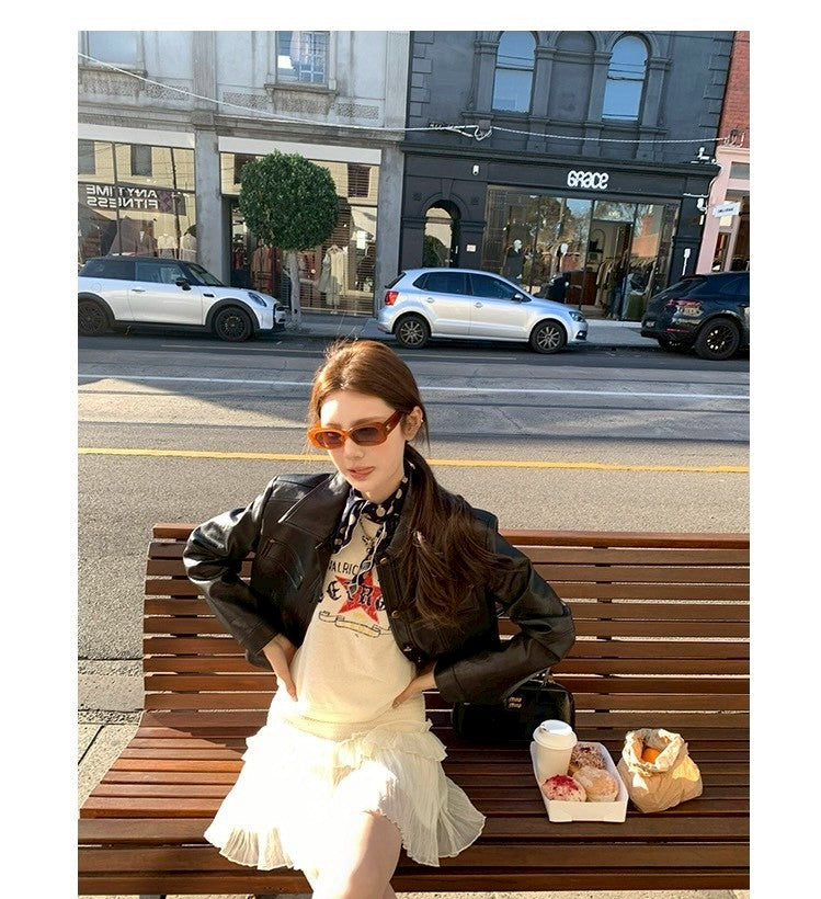 Thu. 黑皮手冊翻領中短款修身皮革外套