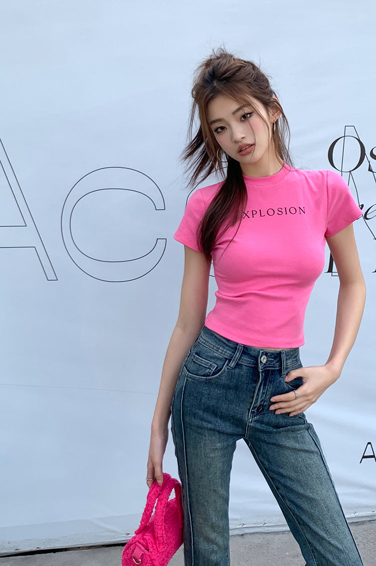 Fri. 美式短板上衣-粉 車縫修身喇叭褲