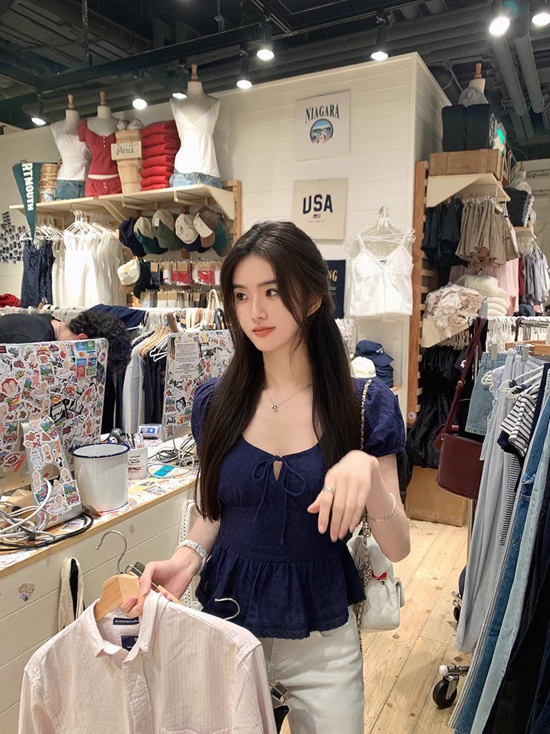 Fri. 法式少女重工方領純棉上衣 藍