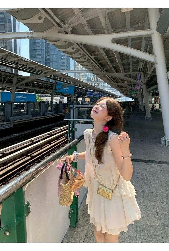 Mon. 夏日浪漫感自帶氣質柔光壓褶背心半身裙套裝 杏色
