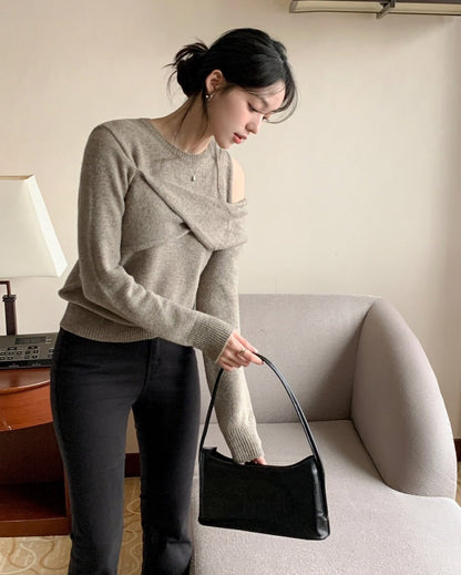 Mon. 辦公通勤 假兩件式甜美露肩針織上衣 摩卡