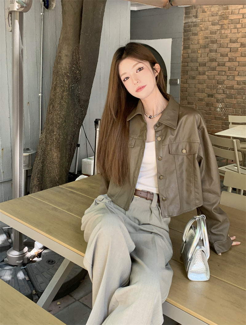 Mon. 今年必入短版皮襯衫外套 黑/咖