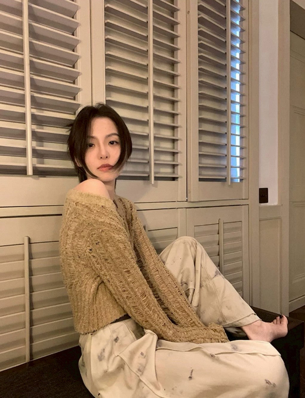 Fri. 水墨暈染中式印花高腰休閒褲 米