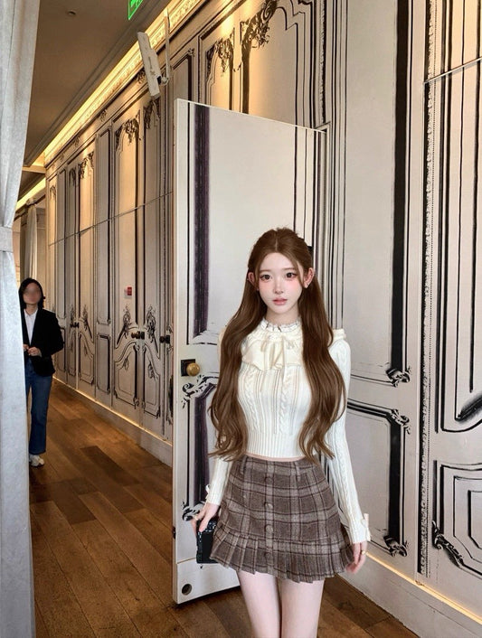 Tue. 聖誕銀鈴 秀場麻花領針織上衣 復古格紋半身裙