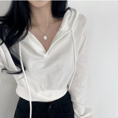 Mon. 元氣女孩百搭連帽短款上衣 白/黑（加購不單售）