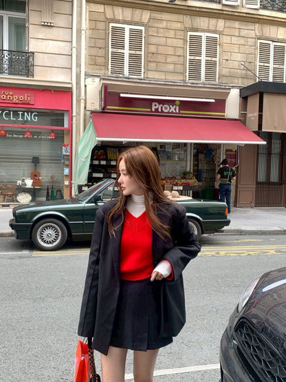 Fri. 賽爾畔冬日毛衣泡泡袖短款上衣 紅