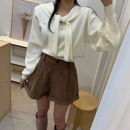 Mon. 減齡海軍領飄帶短款長袖上衣 米/藍/灰/黑