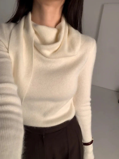 Mon. 氣質疊穿圍巾領百搭針織衫 米白/深灰