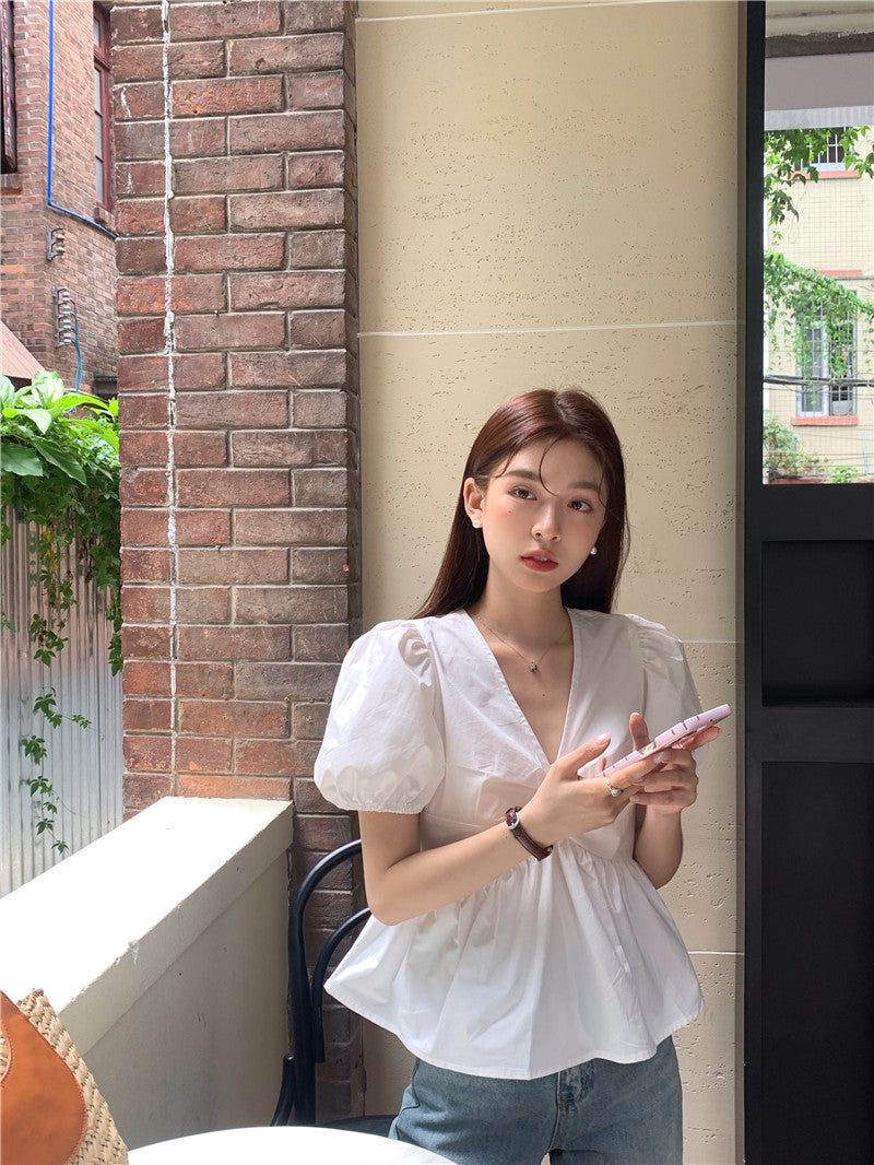 Mon.高腰v領口胸前抓皺上衣 白