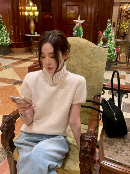 Mon. 韓女鬆弛感高領泡泡針織上衣 杏/灰