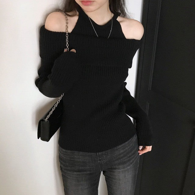 Mon. 純慾滿分 假兩件式露肩修身針織上衣 黑