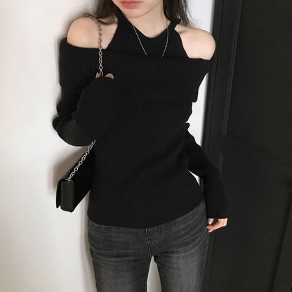 Mon. 純慾滿分 假兩件式露肩修身針織上衣 黑