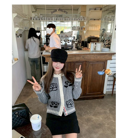 Thu. 淡味牛津chic熱巴同款玫瑰刺繡針織開衫 灰