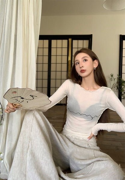 Wed. 線條塗鴉花邊打底衣 休閒褲 米色/黑