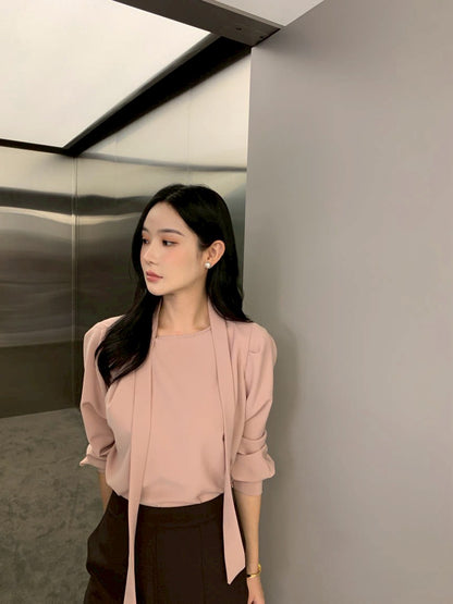 Fri. 法式新款掛脖飄帶氣質上衣 粉/藍