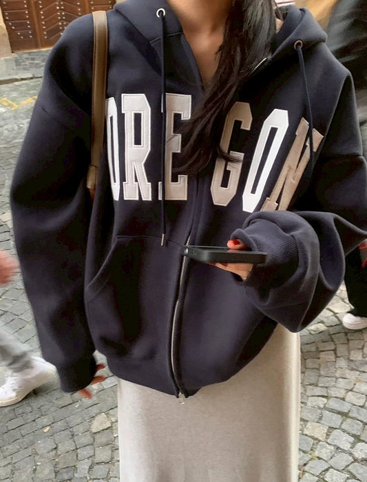 Mon. 韓chic休閒百搭加絨版連帽雙拉鏈外套 藍/灰