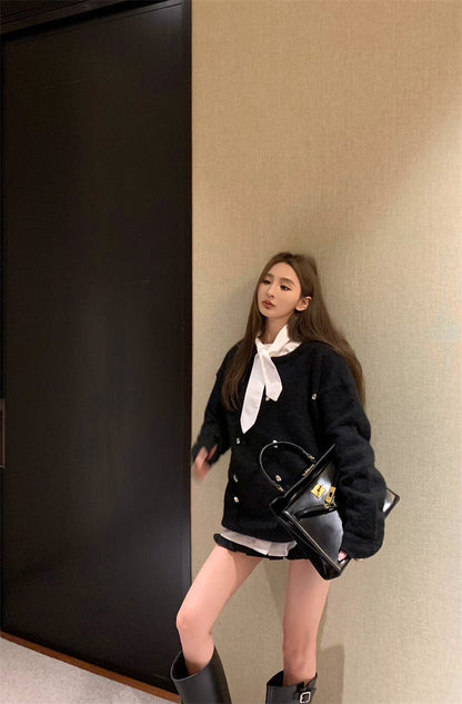 Tue. 軟糯釘鑽圓領針織上衣 領結白襯衫