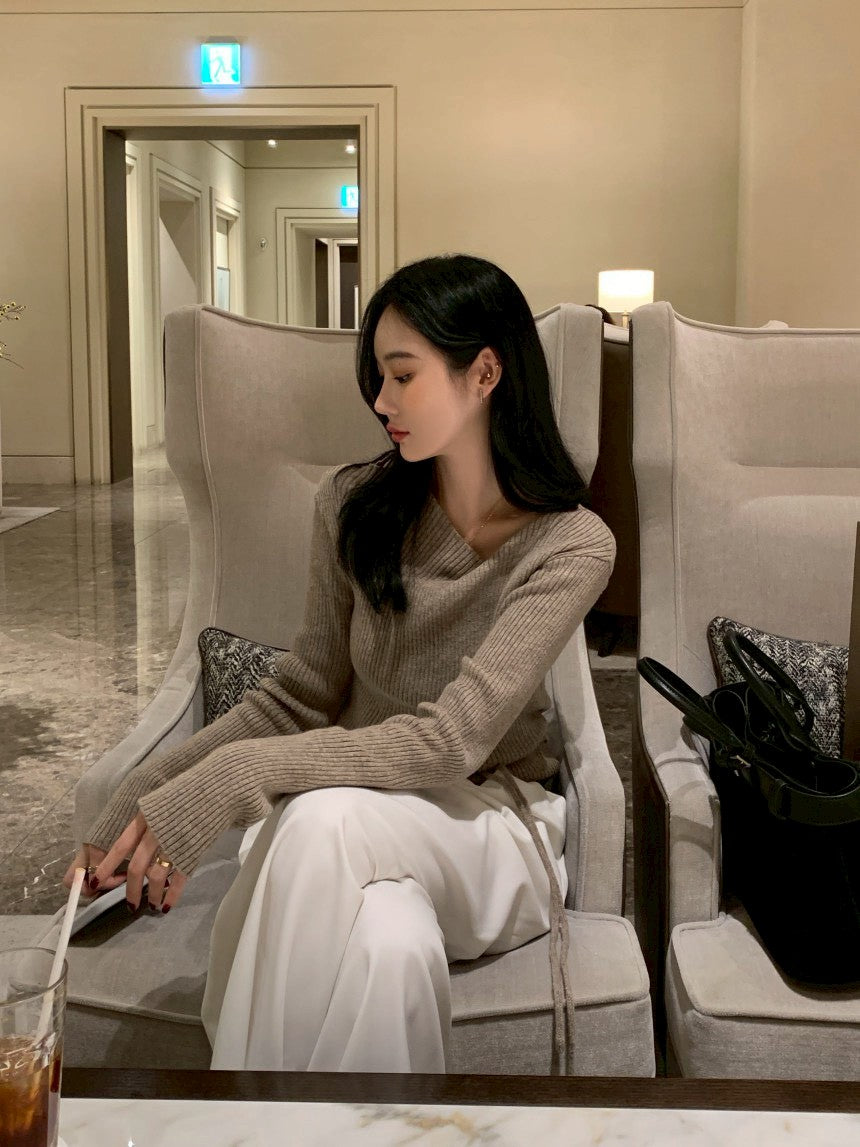 Fri. 秋冬設計感修身繫帶慵懶針織上衣 卡其/藍