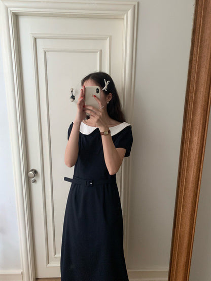 Mon. 優雅珍妮一字撞色領收腰連身裙