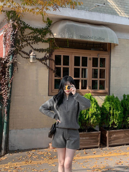 Fri. 慵懶立領針織短褲套裝 灰/米